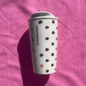 Limited Edition Starbucks Ceramic Gold Polka Dotted Tumbler